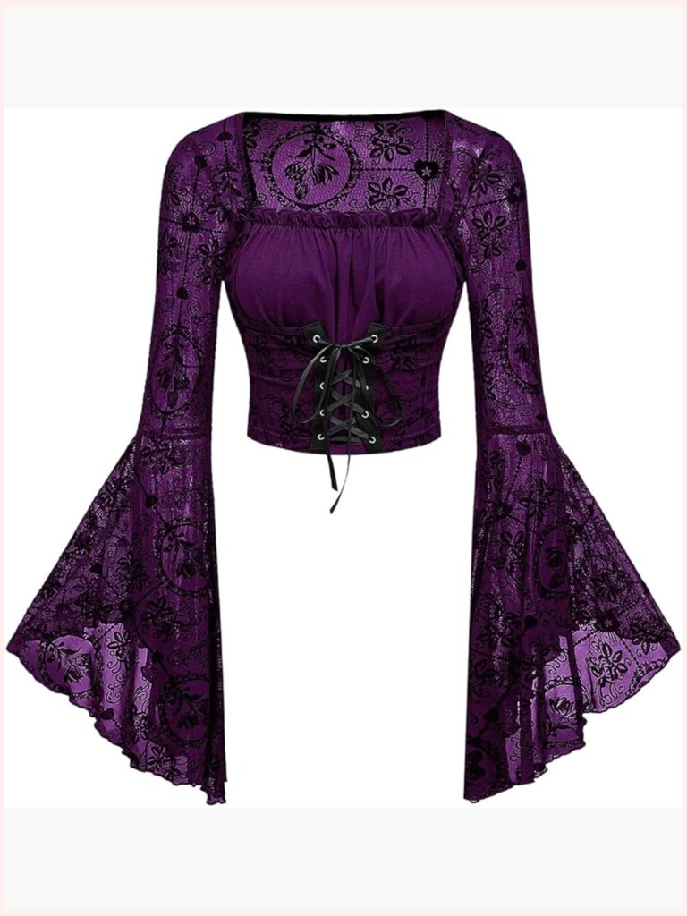 Bell Sleeve Lace-Up Crop Top Gothic Emo Y2k Blouse Rave Outfit